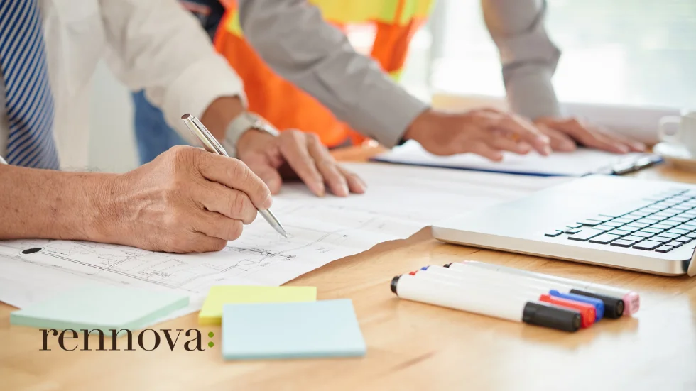 Técnico firmando la licencia de obra sobre planos de reforma en Barcelona junto a otro profesional y un ordenador portátil.