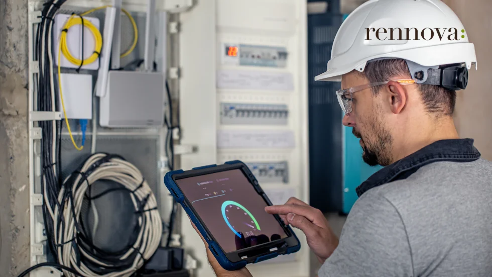 Técnico con casco y tablet revisando el cuadro eléctrico de un edificio, comprobando las instalaciones para preparar la ITE.